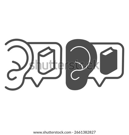 Ear and textbook popup bubble line and solid icon, book festival concept. Vector graphics. Reader rumors of success book, reading sign on white background, outline style icon for mobile or web design