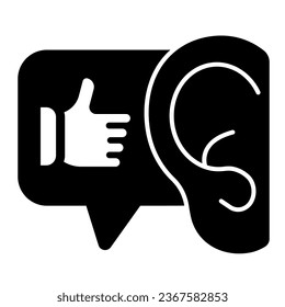 Ear with thumb up finger, hearing cool compliment solid icon, date concept, flatter vector sign on white background, glyph style icon for mobile concept and web design. Vector graphics