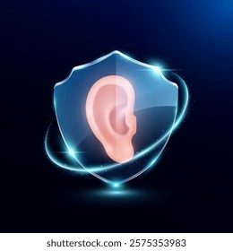 Ear in translucent glass shield modern. Surrounded by glowing ring safety guardian. Human anatomy organ on blue background. Medical health care immunity and protection concept. Vector EPS10.