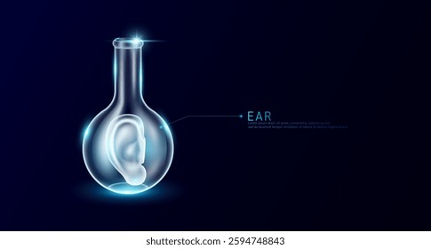 Ear transparent in beaker glass triangle test tube on dark blue background. Internal organ anatomy sample medical science experiment. Research genetic scientific concept. Vector EPS10.