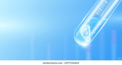 Ear transparent and molecule in glass test tube with empty space for text. Human internal organ anatomy sample science research experiment. Medical scientific concept. Banner vector.