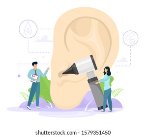 Ear treatment concept, medical assistance. The idea of treatment and health. Otolaryngological instrument Otoscope. Vector illustration in cartoon flat style. - Shutterstock ID 1579351450