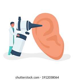 Ear treatment. Landing page, medical clinic template. Group of doctors with diagnostic equipment. Health check. Otolaryngology concept. Vector illustration flat design. Ears problem.