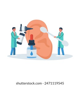 Ear treatment. Landing page, medical clinic template. Group of doctors with diagnostic equipment. Health check. Otolaryngology concept. Vector illustration flat design. Ears problem.