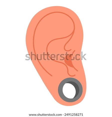 Ear tunnel piercing. Metal tunnel earring. Hand drawn trendy flat style isolated human ear with tunnel, stretched piercing. Big hole in the earlobe Vector illustration