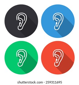 ear vector icon - colored(gray, blue, green, red) round buttons with long shadow