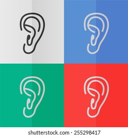 Ear vector icon. Effect of folded paper. Colored (red, blue, green) illustrations. Flat design