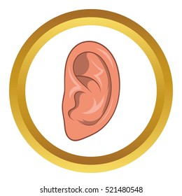 Ear vector icon in golden circle, cartoon style isolated on white background