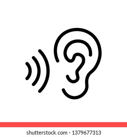 Ear vector icon, hearing symbol. Simple, flat design for web or mobile app