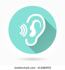 Ear vector icon with long shadow. White illustration isolated on green background for graphic and web design.  