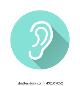 Ear vector icon with long shadow. White illustration isolated on green background for graphic and web design.