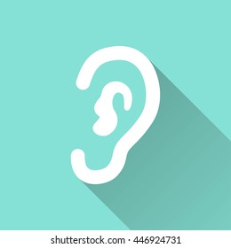 Ear vector icon with long shadow. White illustration isolated on green background for graphic and web design.