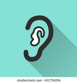 Ear vector icon with long shadow. White illustration isolated on green background for graphic and web design.