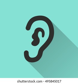 Ear vector icon with long shadow. black Illustration isolated on green background for graphic and web design.