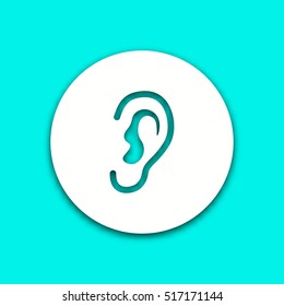 Ear vector icon with shadow. Round button for website and mobile app illustration. Background easily be changed to any color.