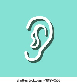 Ear vector icon with shadow. White illustration isolated on green background for graphic and web design.