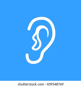 Ear vector icon. White Illustration isolated on blue background for graphic and web design.