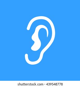 Ear vector icon. White Illustration isolated on blue background for graphic and web design.