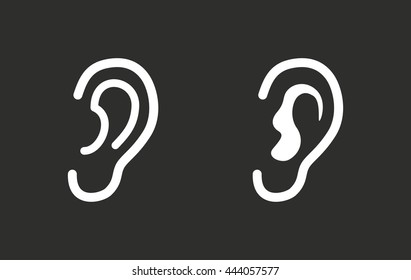 Ear vector icon. White illustration isolated on black background for graphic and web design.