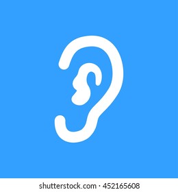 Ear vector icon. White Illustration isolated on blue background for graphic and web design.