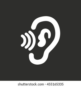 Ear vector icon. White illustration isolated on black background for graphic and web design.