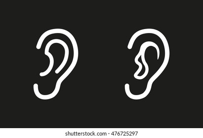 Ear vector icon. White illustration isolated on black background for graphic and web design.