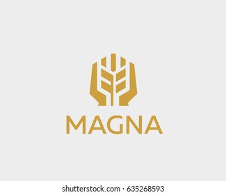 Ear vector logotype. Grain wheat with hands logo design.