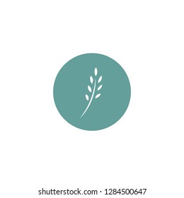 ear of wheat, barley or rye. White icon in blue circle isolated on white. Eco button. agriculture, nature firm, ecology, healthy organic and farm fresh food symbol. Vector Illustration