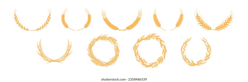 Ear of Wheat or Barley and Wreath as Grain Crop or Cereal Cultivated Grass on Stalk Vector Set