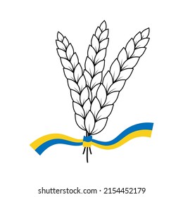 Ear of wheat with blue and yellow ribbon. Save Ukraine. Design element for sticker, banner, poster, card, print. Isolated vector illustration. 
