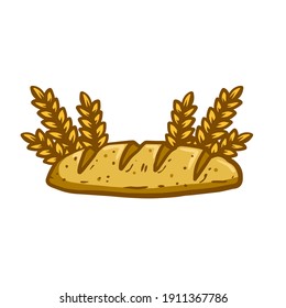 Ear of wheat and bread. The logo of the bakery. A natural product made from grain. Farm food. Cartoon illustration