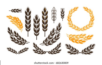 Ear wheat, bread logo or label. Harvest, bakery, bakehouse set icons. Vector illustration