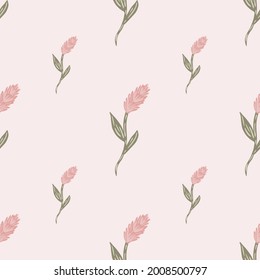 Ear of wheat doodle silhouettes seamless nature organic pattern. Pastel pink colors. Agriculture nature print. Graphic design for wrapping paper and fabric textures. Vector Illustration.