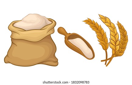Ear of Wheat as Grain-bearing Stem of Cereal Plant and Flour Sack Vector Set