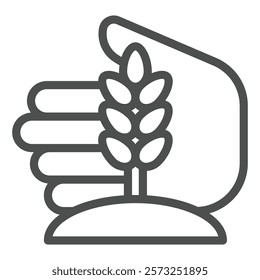 Ear of wheat with hand palm line icon, wheat production concept. Vector graphics. Hand with wheat grain plant sign on white background, outline style icon for mobile or web design