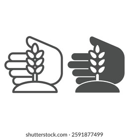 Ear of wheat with hand palm line and solid icon, wheat production concept. Vector graphics. Hand with wheat grain plant sign on white background, outline style icon for mobile or web design
