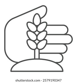 Ear of wheat with hand palm thin line icon, wheat production concept. Vector graphics. Hand with wheat grain plant sign on white background, outline style icon for mobile or web design