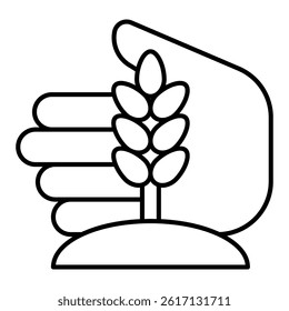 Ear of wheat with hand palm thin line icon, wheat production concept. Vector graphics. Hand with wheat sprout, plant sign on white background, linear style for mobile or design