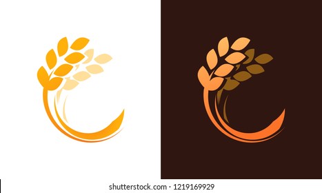 Ear of Wheat logotype for Bakery or Harvest Farm Company. Vector Emblem isolated on white and dark brown background. Nice illustration of a grains.