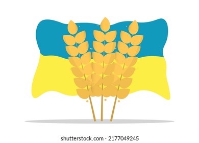 Ear of wheat on isolated background with Ukrainian flag. Blue and yellow. Food grain Vector flat illustration.