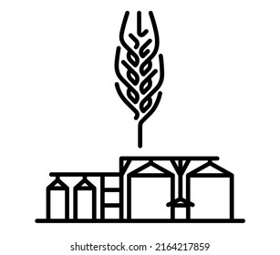 Oído de trigo con silos icono de línea vectorial, concepto de la cadena de suministro del vector de almacenamiento de granos