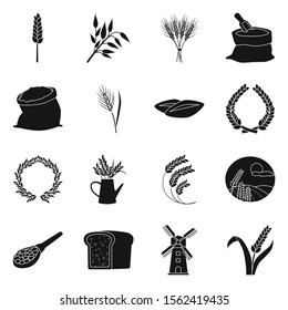 Ear wheat,oat and barley vector black icon. Vector isolated illustration of harvest wheat and bag grain. Vector set of icon ear,bread,mill on farm.