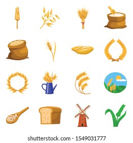 Ear wheat,oat and barley vector cartoon icon. Vector isolated illustration of harvest wheat and bag grain. Vector set of icon ear,bread,mill on farm.