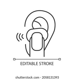 In ear wireless earpieces linear icon. Small portable device for sport. Listening music. Thin line customizable illustration. Contour symbol. Vector isolated outline drawing. Editable stroke