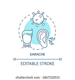 Earache concept icon. Sore throat complication idea thin line illustration. Sharp, dull and burning pain. Outer and middle ear infections. Vector isolated outline RGB color drawing. Editable stroke