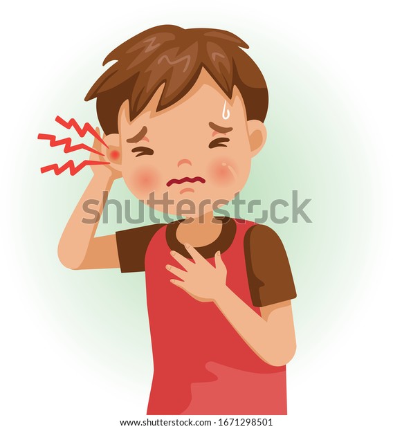 Earache or sore. The boy is\
sick, Sick person and feeling bad. Cartoons showing negative\
gestures and feelings. The child is a patient. Cartoon vector\
illustration.