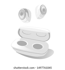 Earbuds  in air. Small Earphones in case. Modern Wireless gadget device for listen music in opened box. free hands technology in white color. vector illustration isolated