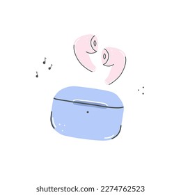 Ámbitos en la ilustración del caso. Dispositivo portátil de música inalámbrica de audio para auriculares kawaii. Aparato de auriculares de sonido aislado ilustración vectorial en el estilo de doodle dibujado a mano de dibujos animados