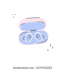 Ámbitos en la ilustración del caso. Dispositivo portátil de música inalámbrica de audio para auriculares kawaii. Aparato de auriculares de sonido aislado ilustración vectorial en el estilo de doodle dibujado a mano de dibujos animados