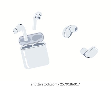 Earbuds with charging case flat color vector icon set. Modern portable audio technology for music lovers objects pack on white background